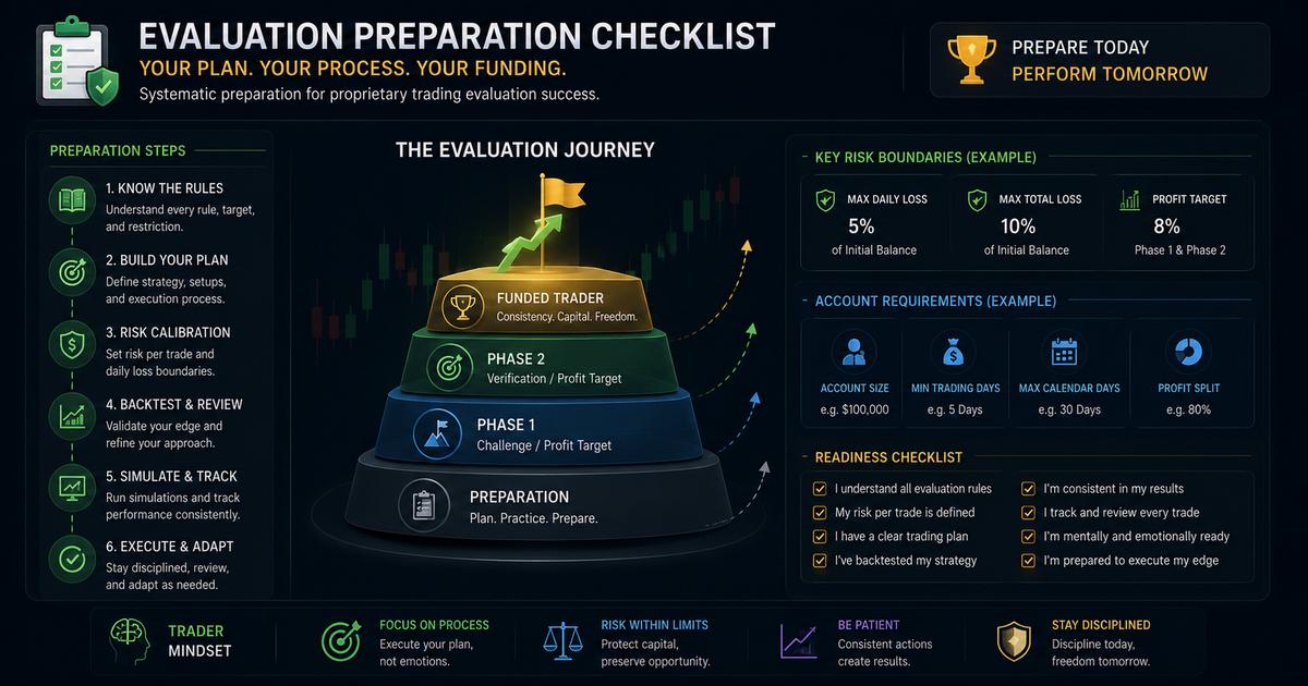 A structured preparation framework layout summarizing critical risk boundaries and account requirements for institutional funded evaluation phases.