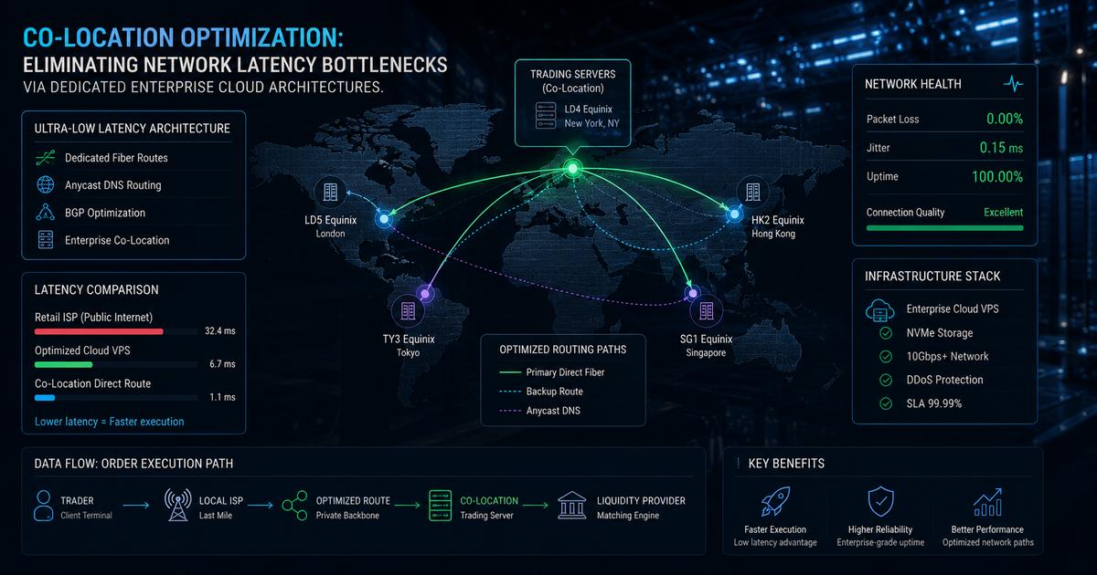 Enterprise data center visualizing ultra-low latency cloud VPS infrastructure network routing paths