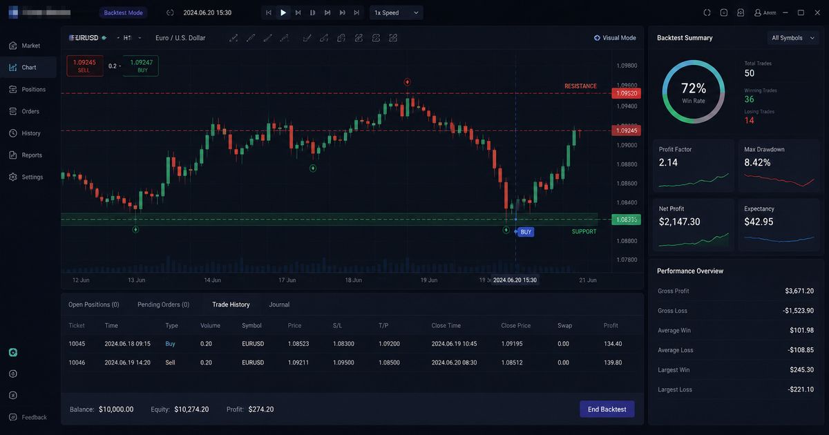 Software dashboard showing automated market simulation, speed acceleration, and performance reports