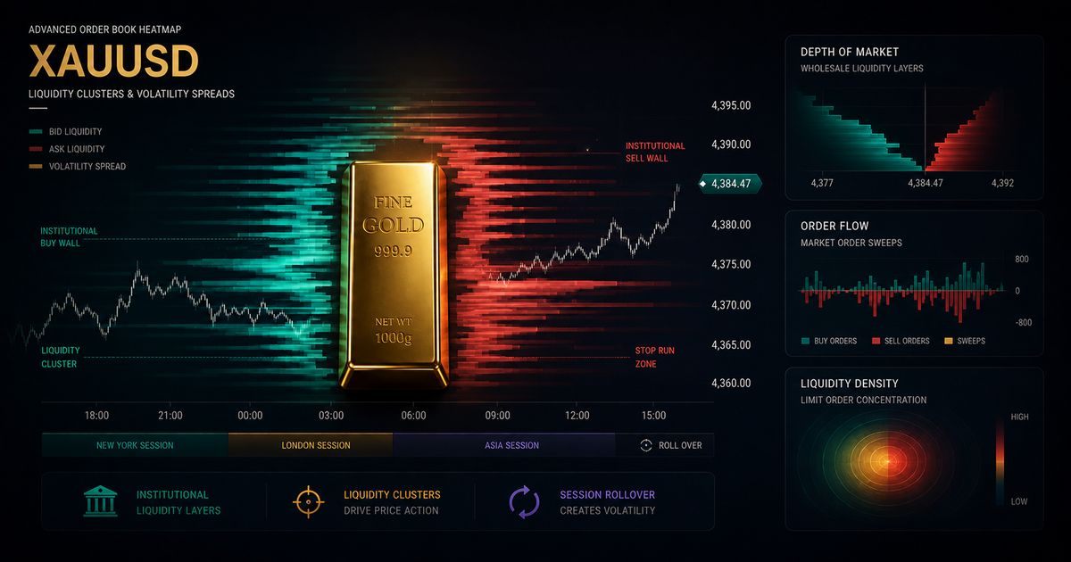 Advanced electronic depth-of-market chart revealing wholesale institutional liquidity layers and institutional order book spreads on XAUUSD.