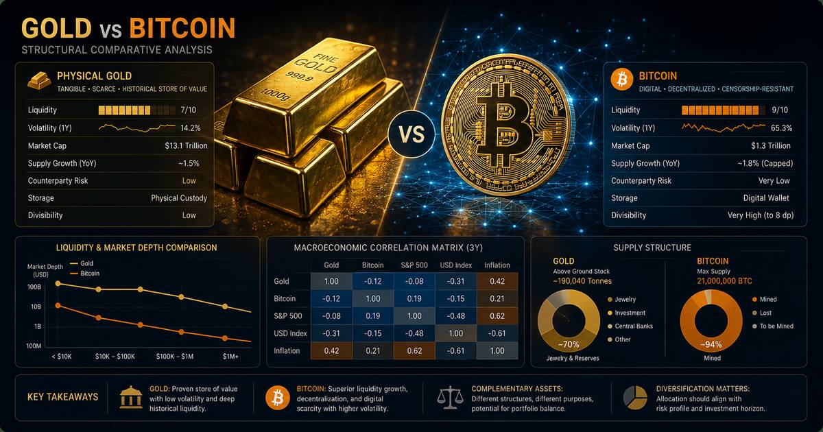 Comparative structural analysis dashboard comparing physical gold liquidity reserves with decentralized bitcoin blockchain data metrics