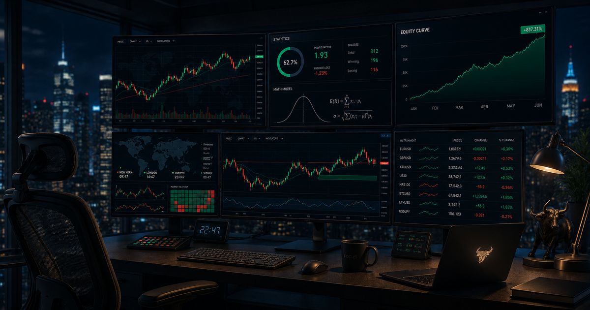 Advanced quant trading desk visualizing automated charts, trend vectors, and backtesting metrics metrics