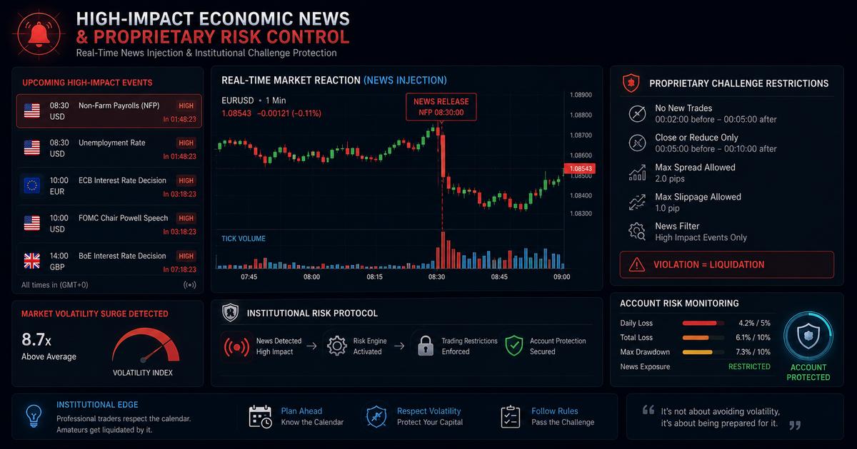 A clean layout showing real-time market news injection data charts intersecting with rigorous institutional proprietary challenge restriction parameters.