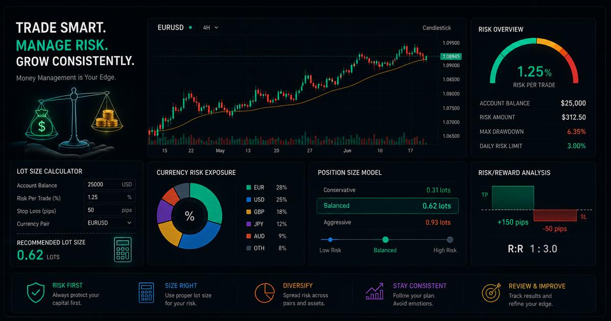 Financial dashboard showing dynamic trading charts, percentage risks, and position sizing models