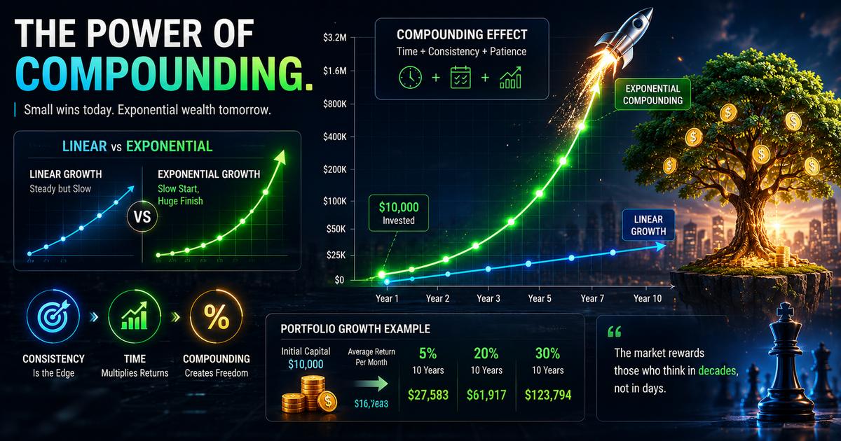 Clean financial charts displaying exponential interest compounding lines and portfolio stability metrics