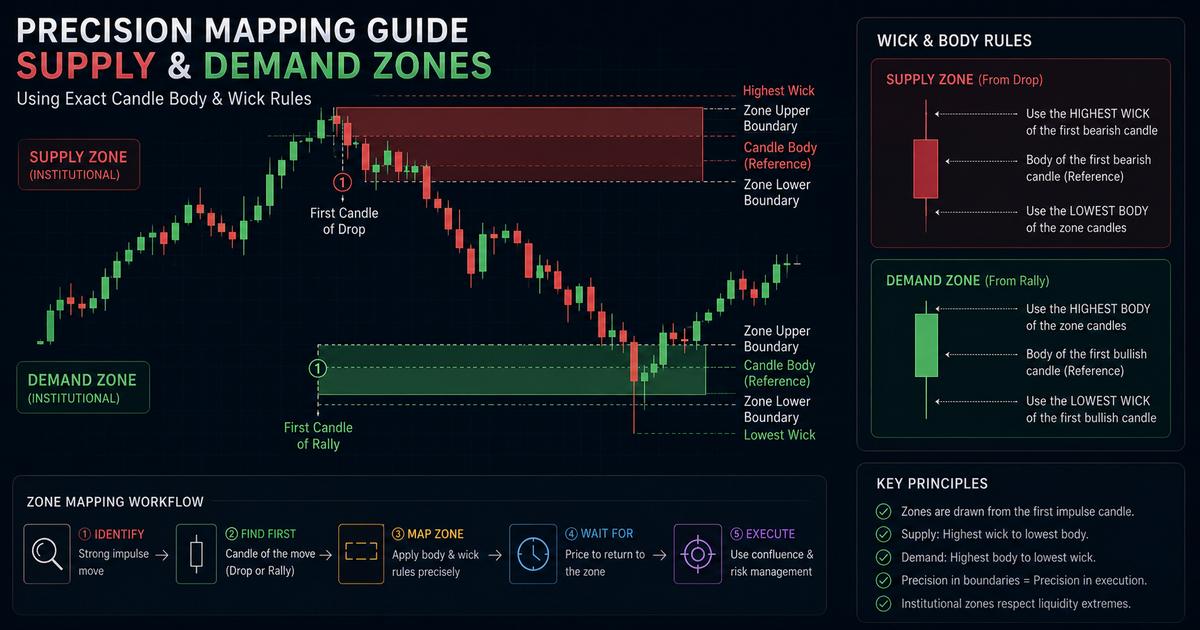 Advanced candle mapping schematic demonstrating the precise technical placement of boundaries from the first candle body to the absolute lowest or highest wick.