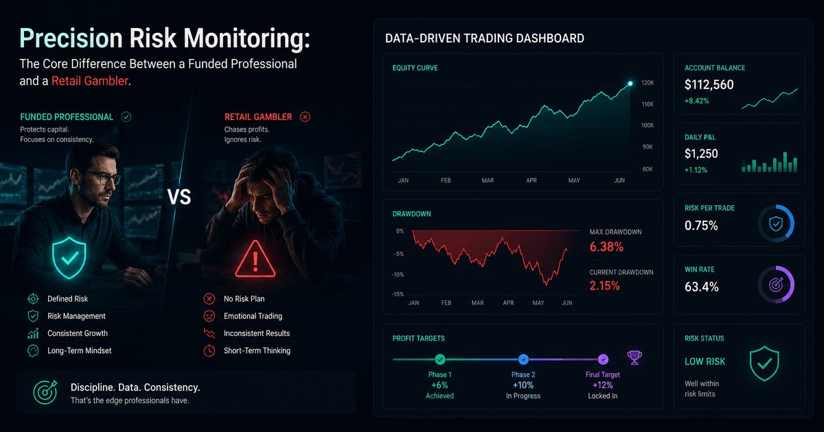 Data-driven trading dashboard showing drawdown metrics and profit targets