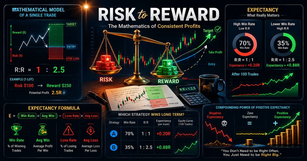 Mathematical model illustrating risk to reward metrics and technical strategy configurations on trade platforms