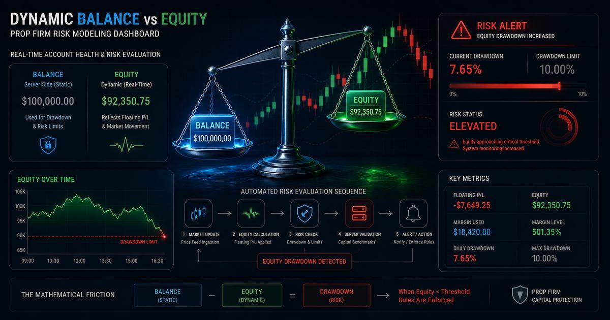 An analytical view of trading account metrics showing how floating equity fluctuations trigger automated risk evaluation sequences on prop firm platforms.