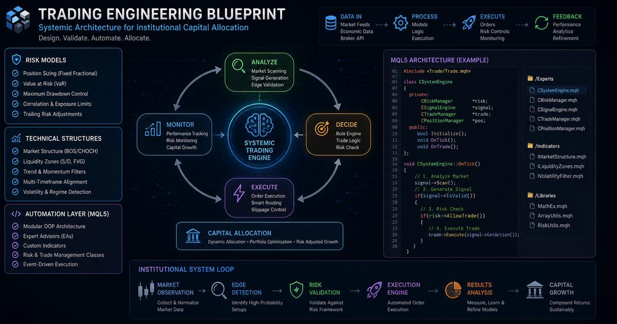 Systematic trading engineering blueprint spanning risk models, technical structures, and object-oriented MQL5 source code