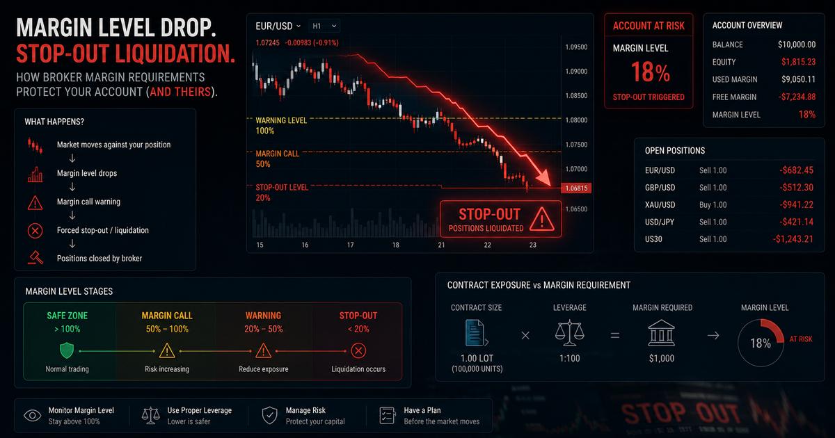 Financial data screens visualizing trade margin reductions and account risk levels